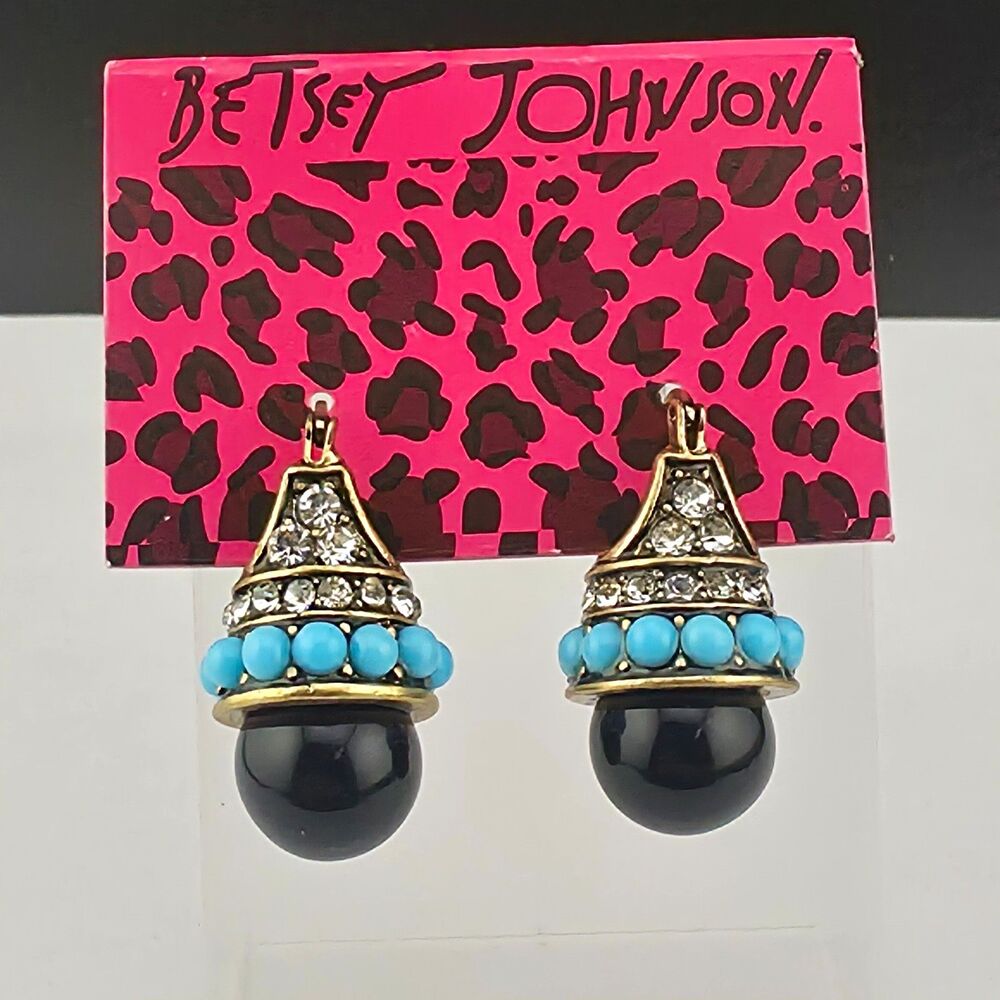 NOS Betsey Johnson Cystal Turquoise Black Lucite Ball Bead Drop Earrings 1 1/8"